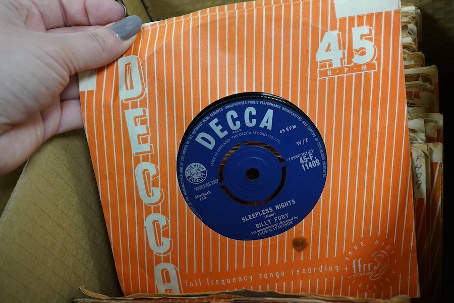 Four boxes of 7 inch singles, all on Decca, MGM and Parlophone record labels, artists include; Connie Francis, Jackie Dennis, Tommy Steele the Southlanders, the Goons the Rolling Stones, Dave Berry, the Fortunes, Billy F